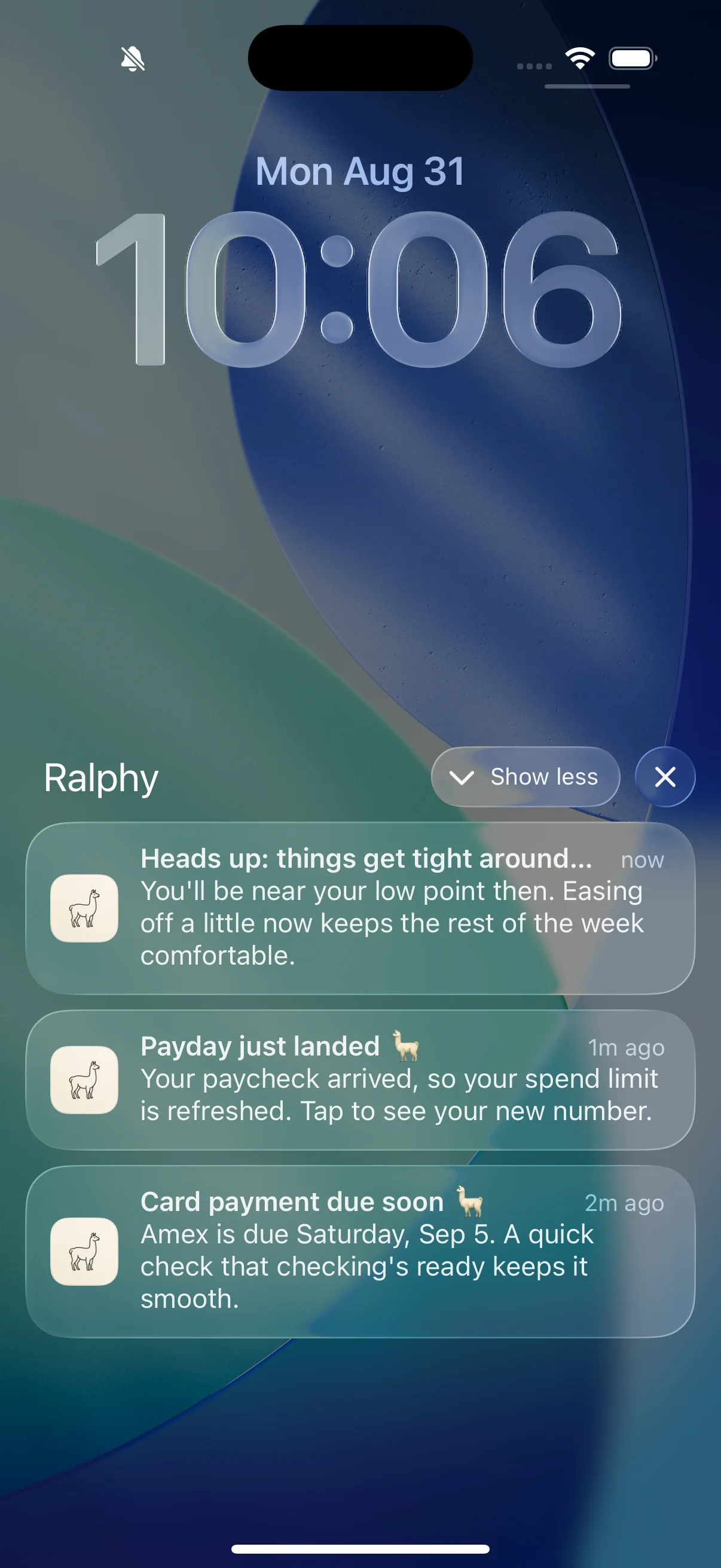 A real iPhone lock screen, Monday August 31: Ralphy's notification group expanded, showing the heads-up 'things get tight' from moments ago, 'Payday just landed', and a card payment reminder due Saturday.